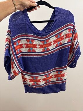 American Eagle Outfitters Purple Short-Sleeve Patterned Knit Sweater